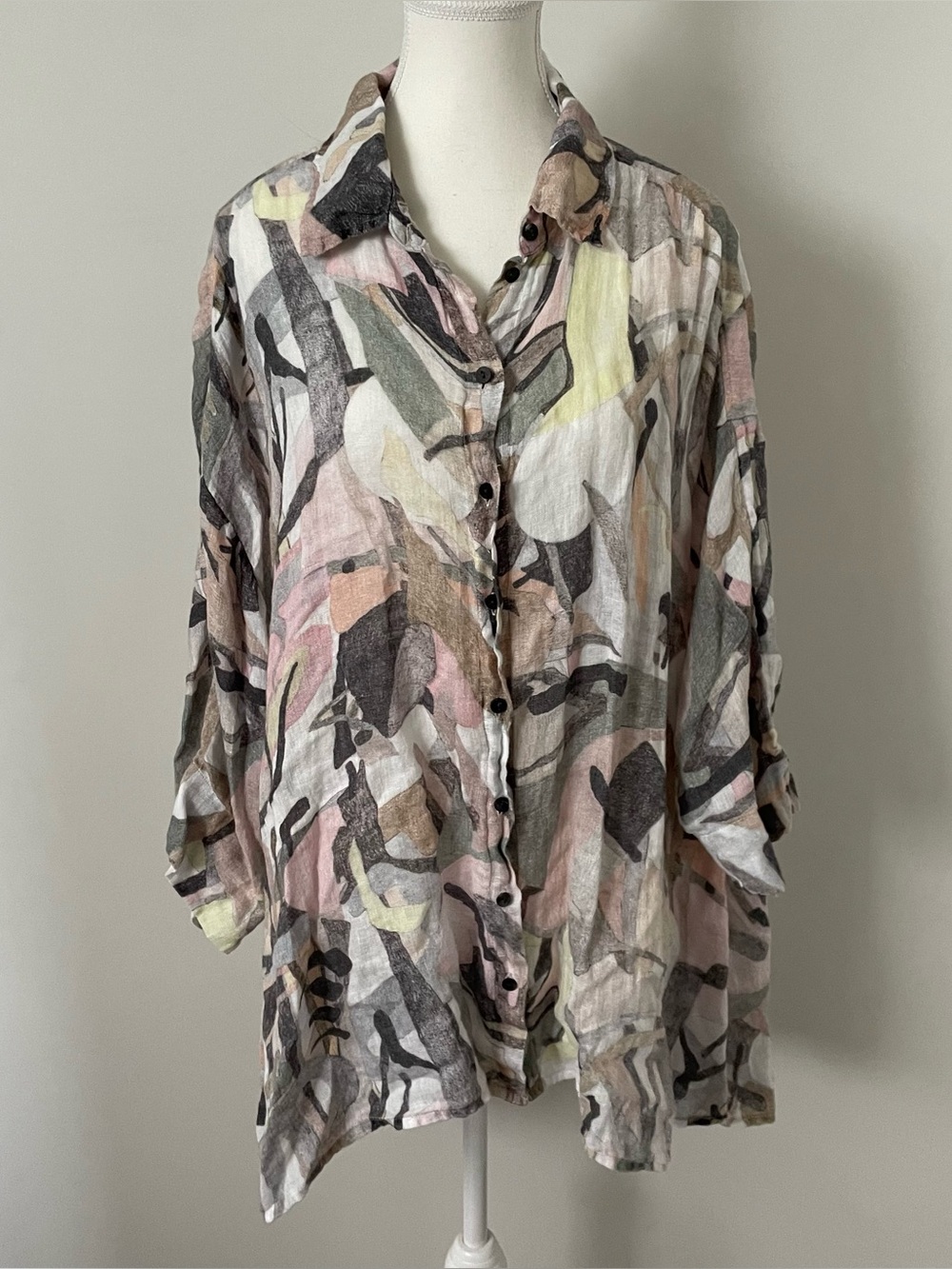 Grizas 100% Linen Abstract Button Down Oversized Lagenlook Art to Wear Size XL